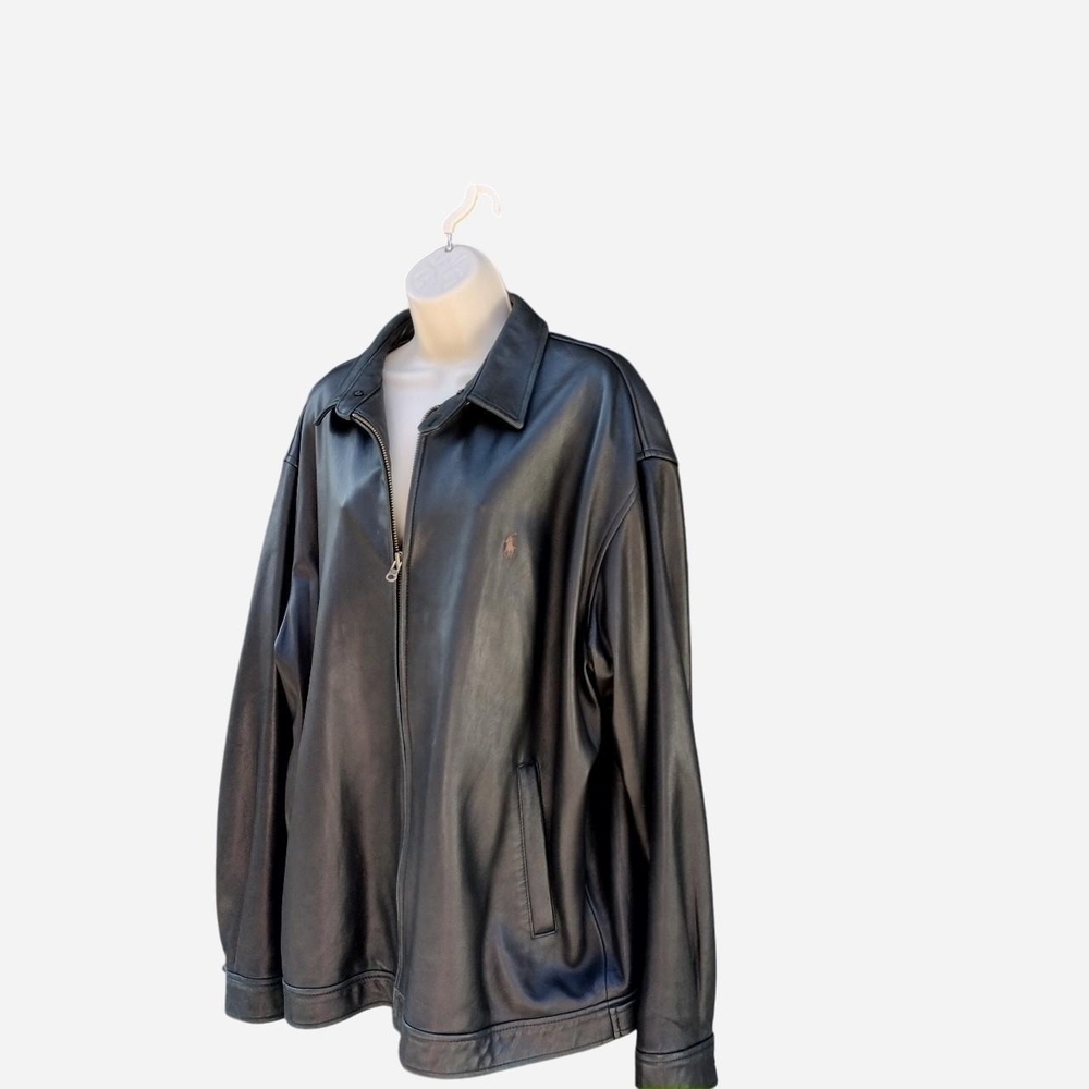 Polo Ralph Lauren 100% Leather Jacket Black Zip Front Harrington Men XL Moto - Picture 4 of 9
